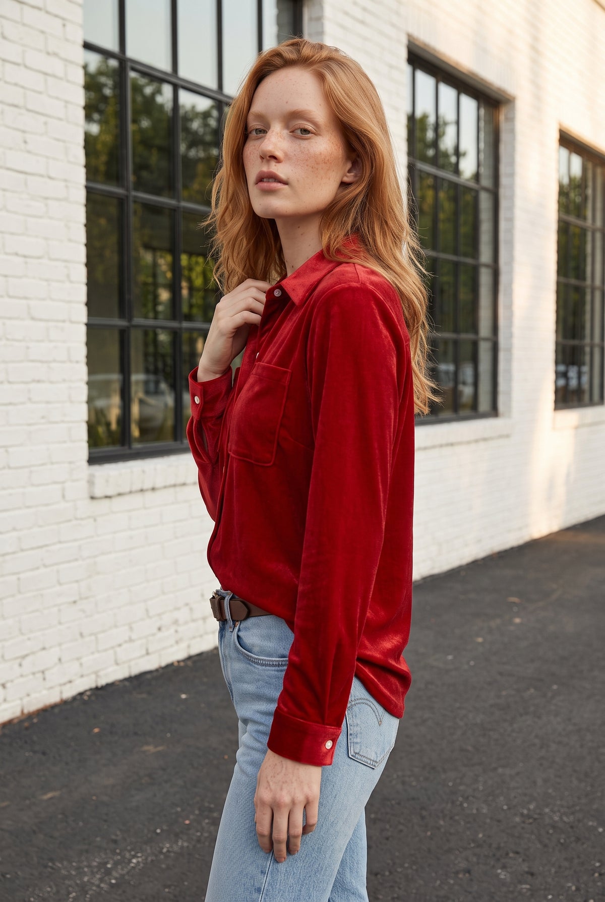 Red Long Sleeve Velvet Shirt with Pockets – photo 2
