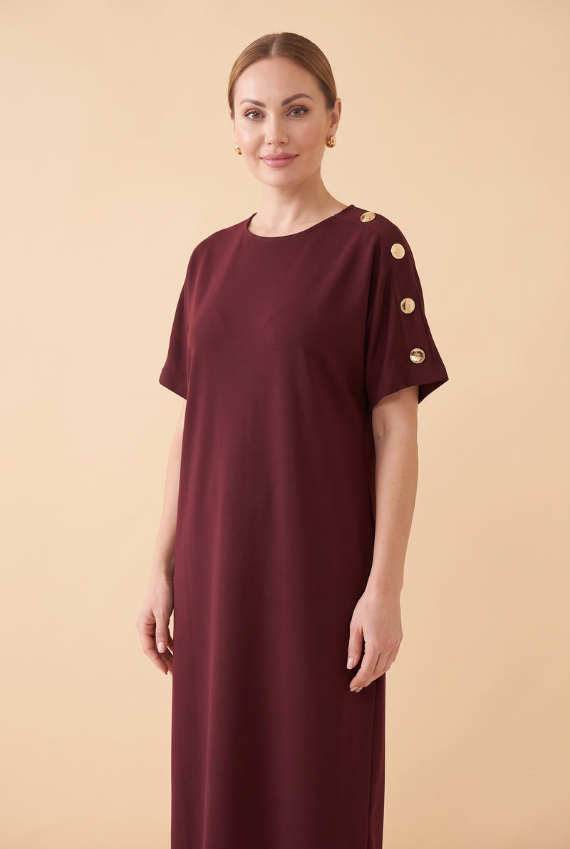 Short Sleeve Crew Neck Midi Dress with Shoulder Buttons in burgundy – photo 5