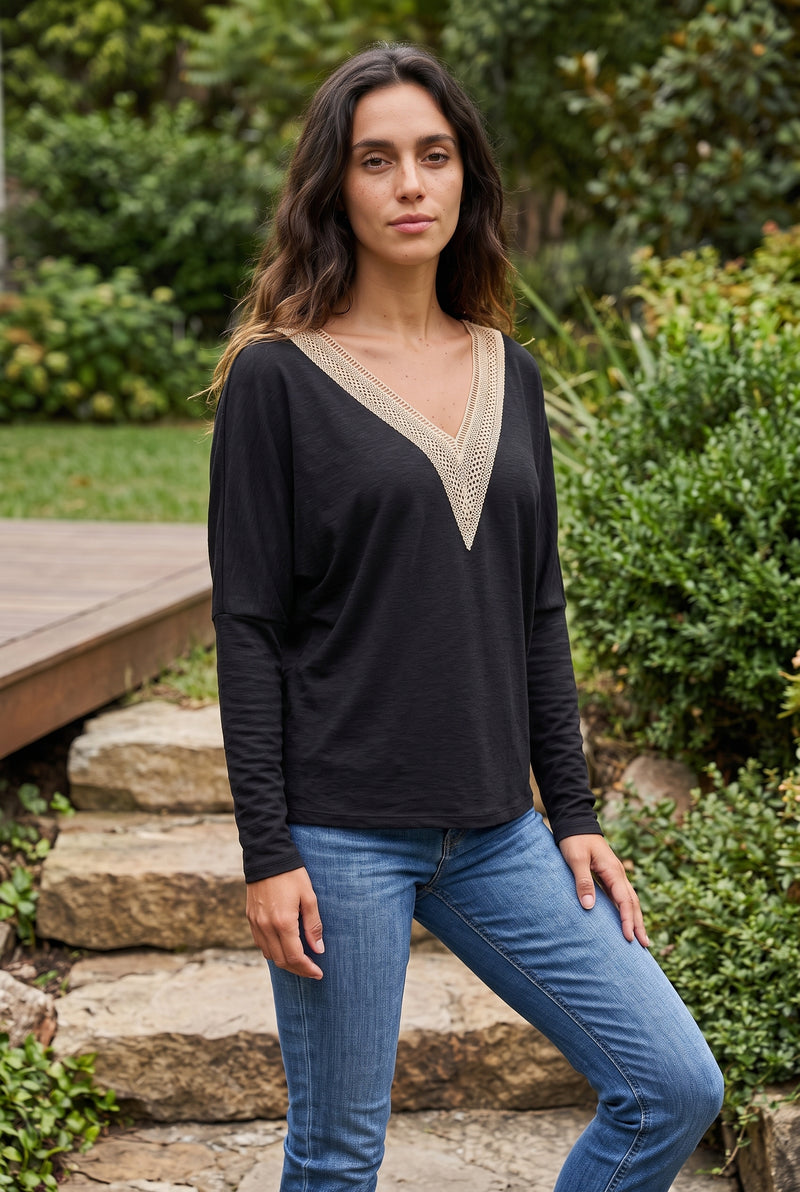 Black Long Sleeve Top with V Neck and Lace Trim – photo 4