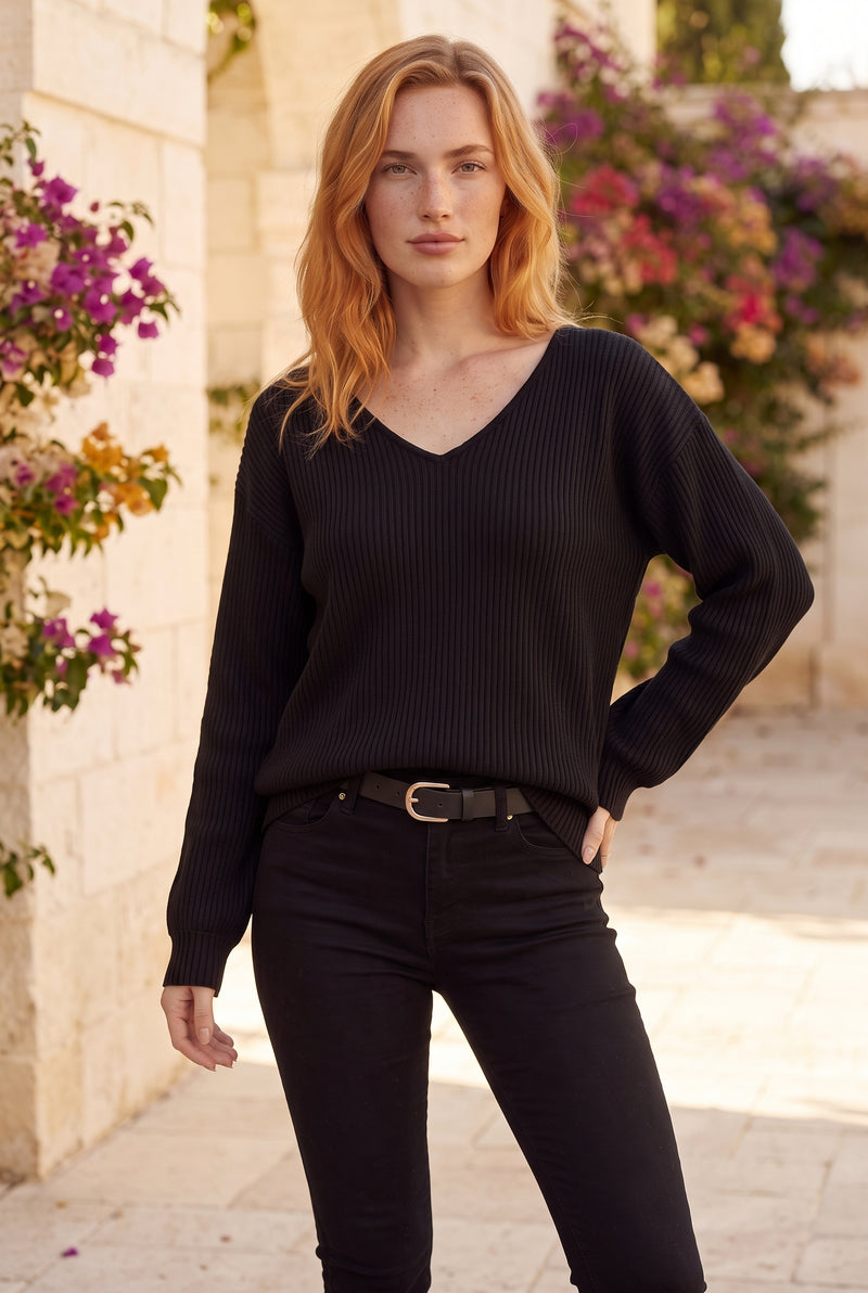 Black Long Sleeve V Neck Knitted Top – photo 4