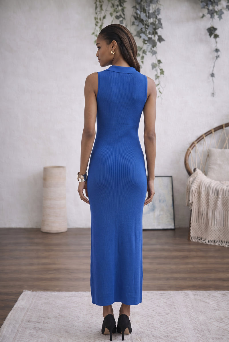 Sleeveless Collared V-Neck Bodycon Maxi Dress in blue – photo 5