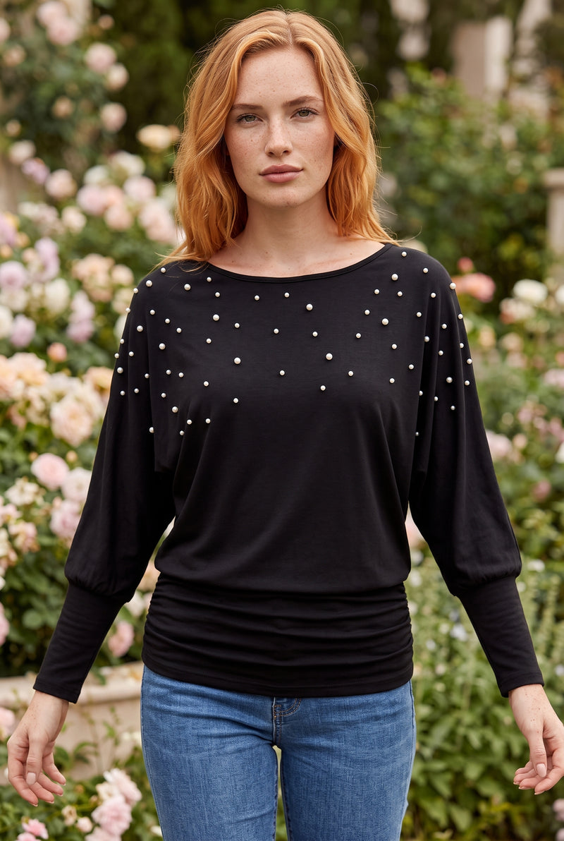 Black Long Sleeve Top with Pearl Embellishment – photo 5