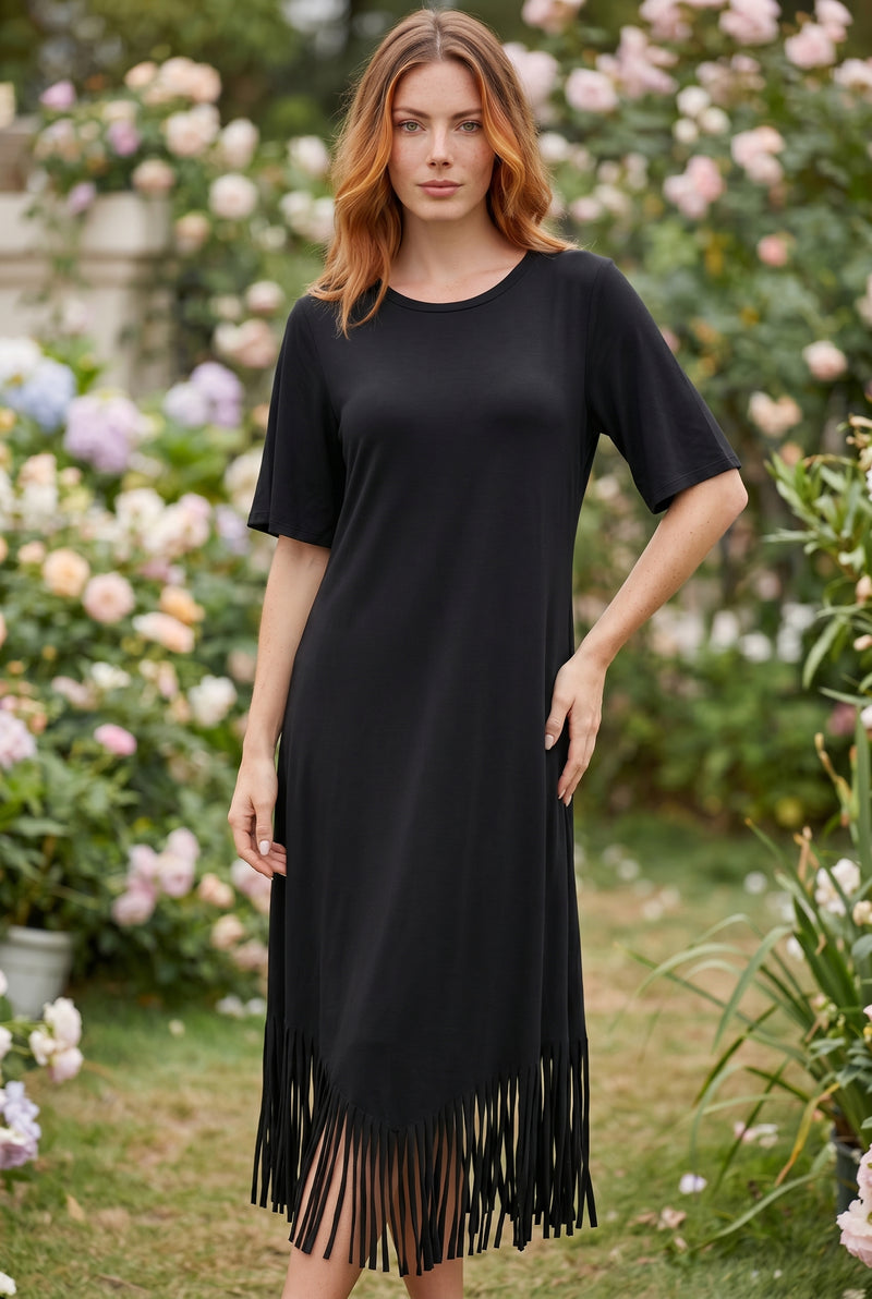 Kurzarm Midikleid mit Rundhalsausschnitt und Fransen in Schwarz – Foto 4