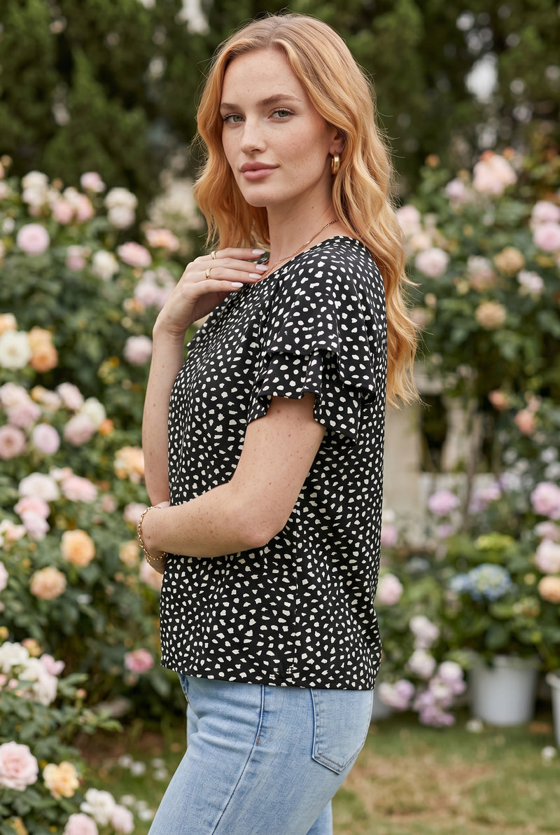 Black Printed Ruffled Short Sleeve Top – photo 2