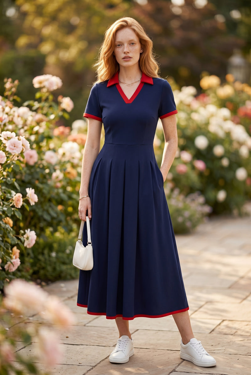 Plissiertes Kurzarm Midikleid mit Kontrastkragen in Marine – Foto 4