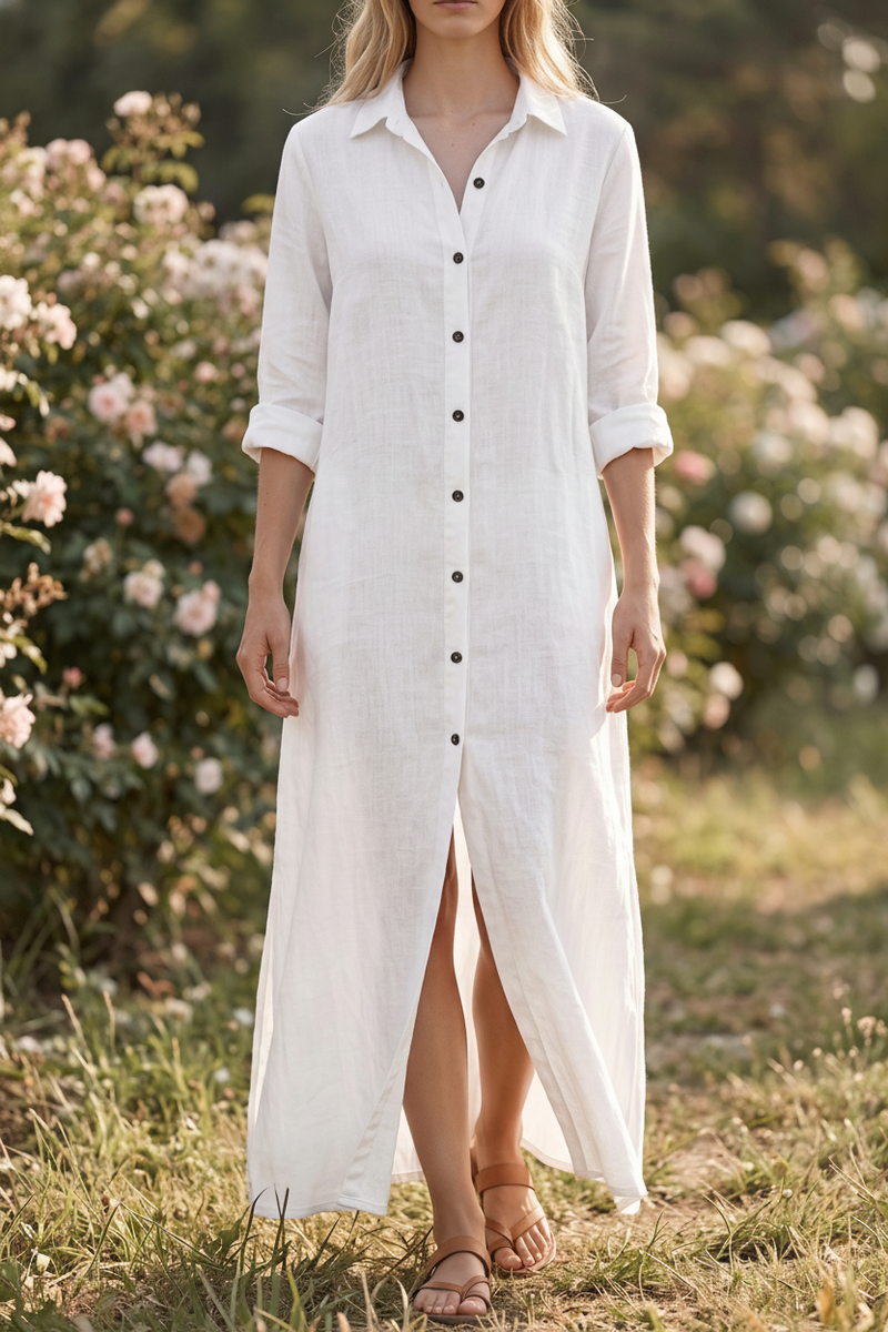 Long Sleeve Linen Maxi Dress with Button Front in white