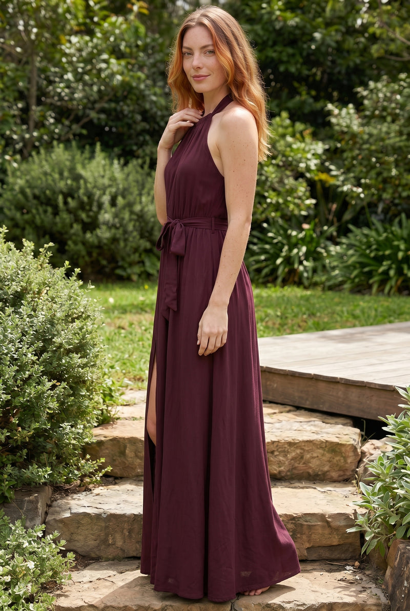 Halter Neck Crepe Maxi Dress with Slit in burgundy – photo 3