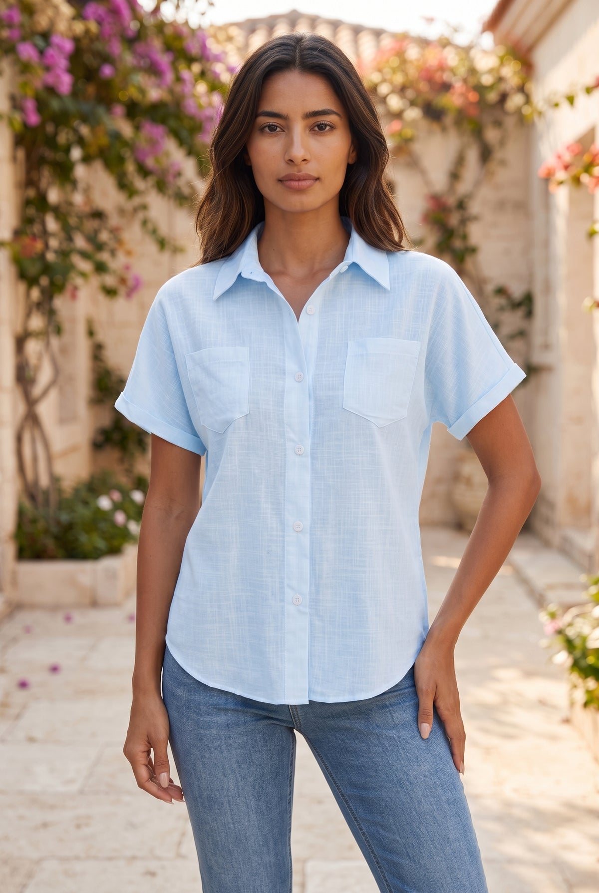 Short Sleeve Buttoned Shirt with Pockets in blue – photo 4