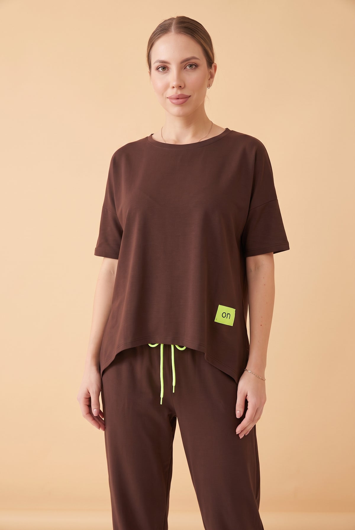 Short Sleeve Crew Neck Viscose Co-ord Set in brown – photo 5