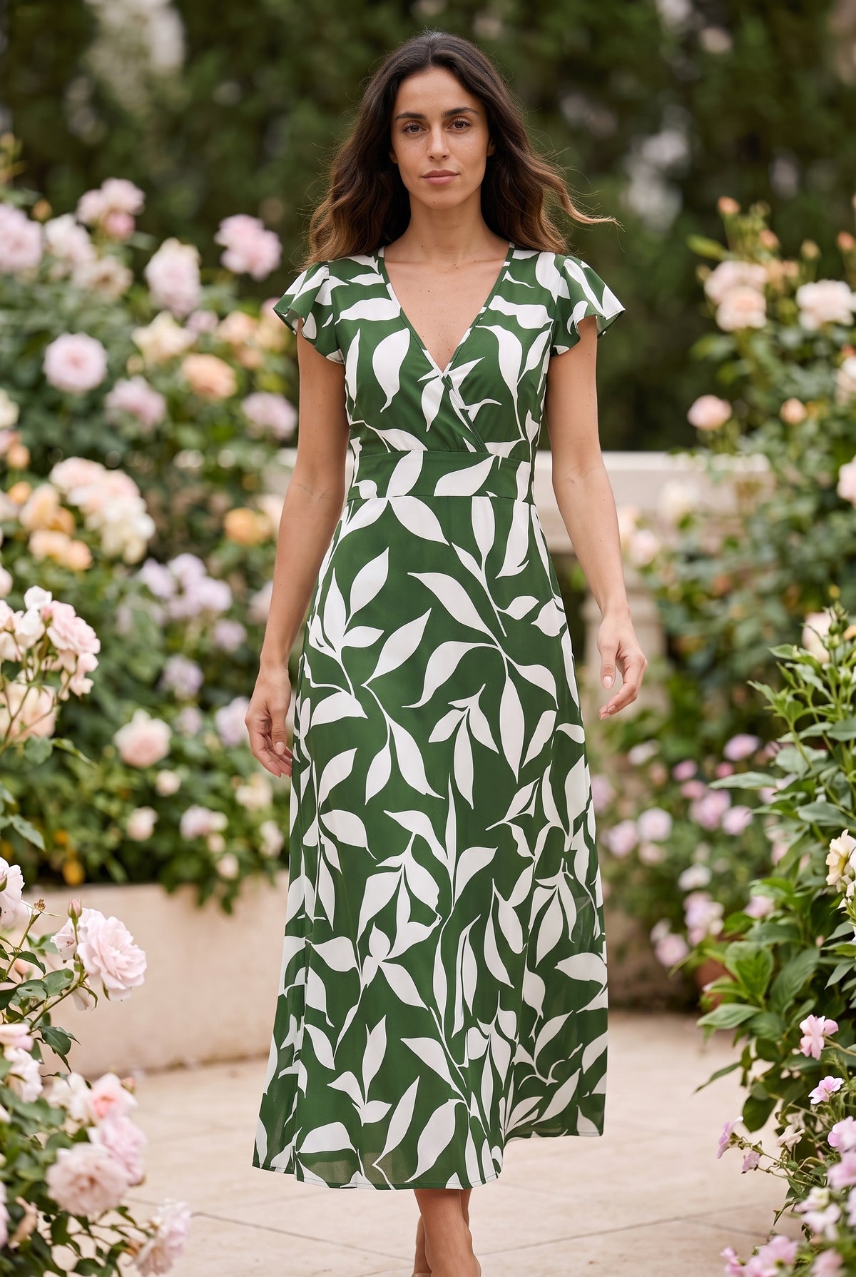 Robe longue à motifs portefeuille à manches courtes, coloris vert 1 – photo 3