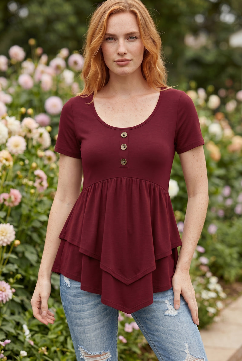 Short Sleeve Top with Asymmetric Tiered Hem in burgundy – photo 5