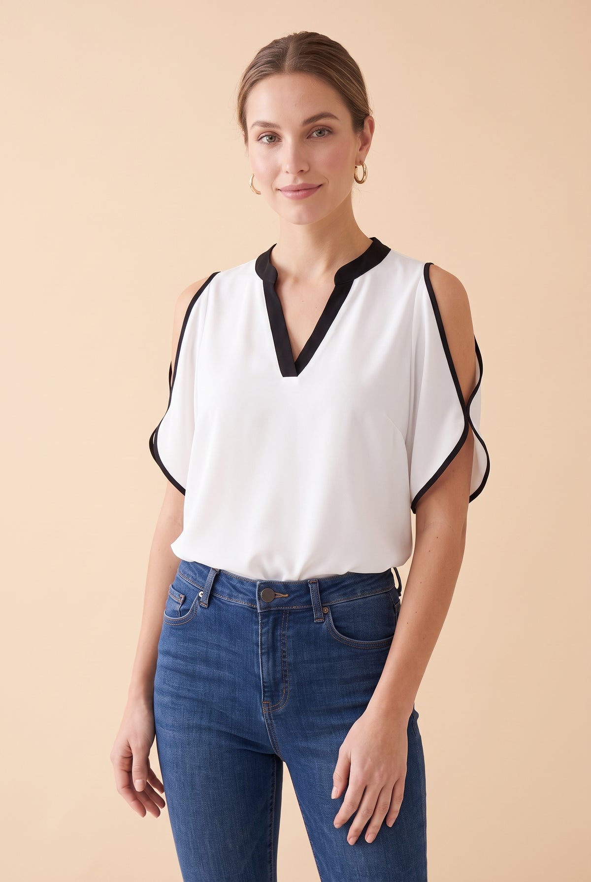 Short Sleeve V Neck Crepe Top with Cutouts in white – photo 5
