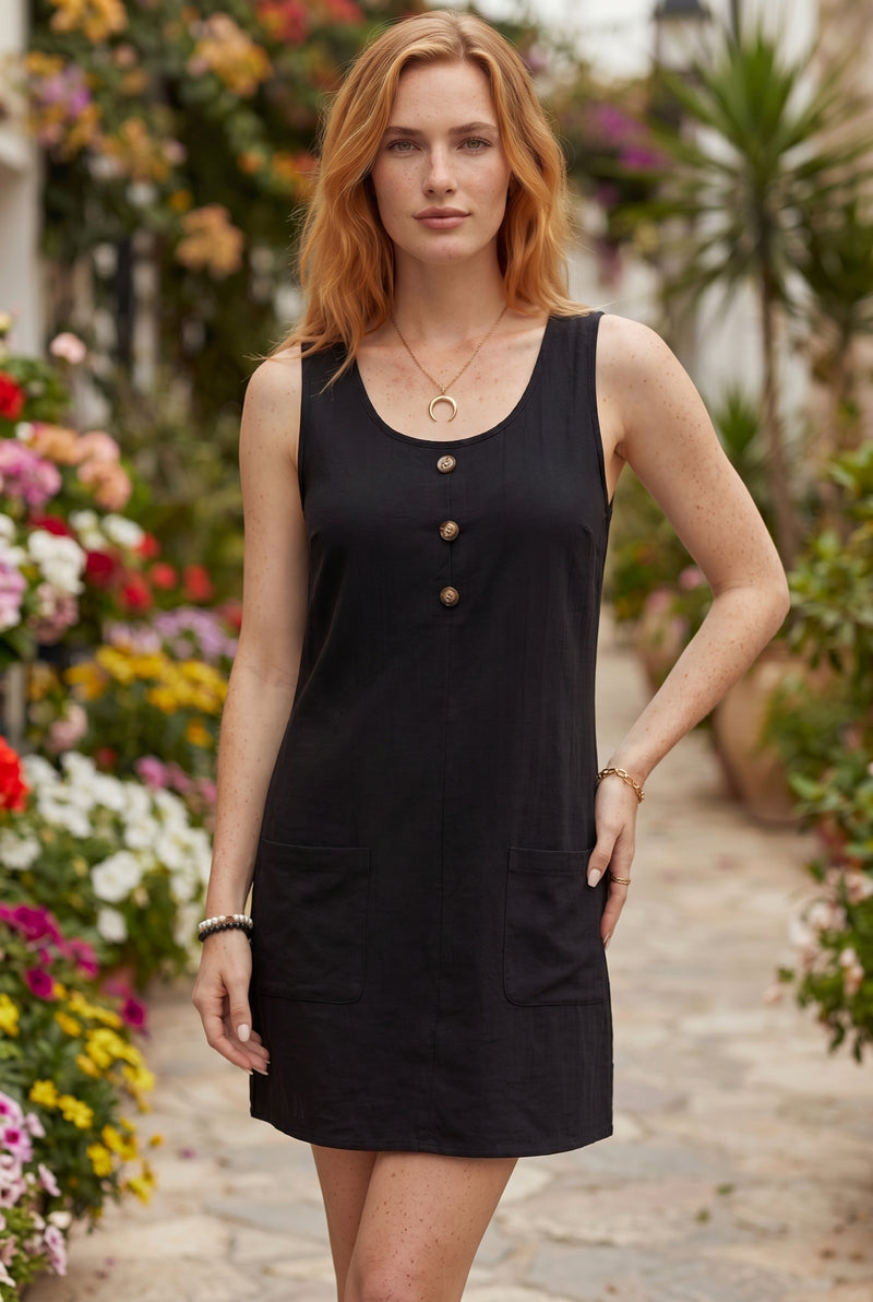 Sleeveless Round Neck Linen Mini Dress with Buttons in black – photo 2