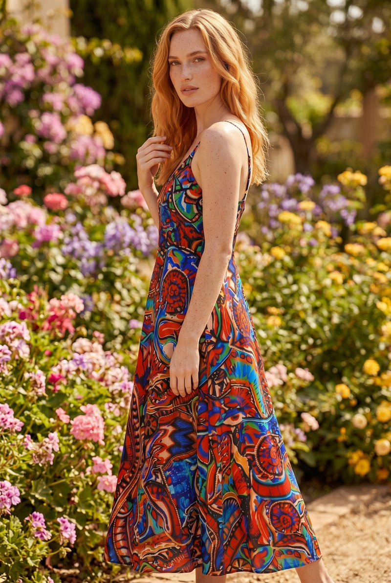Abstract Print Strappy V-Neck Midi Dress in patterned – photo 2