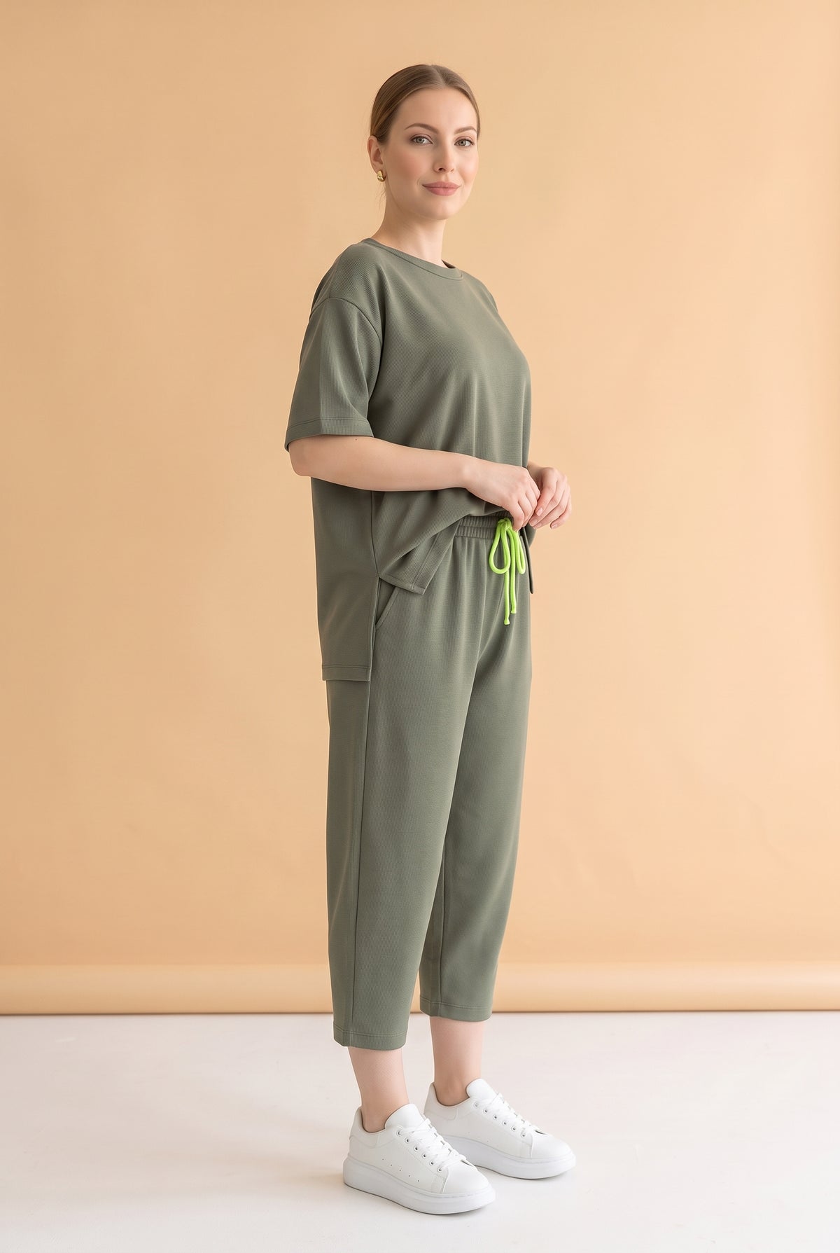 Short Sleeve Crew Neck Viscose Co-ord Set in khaki – photo 2