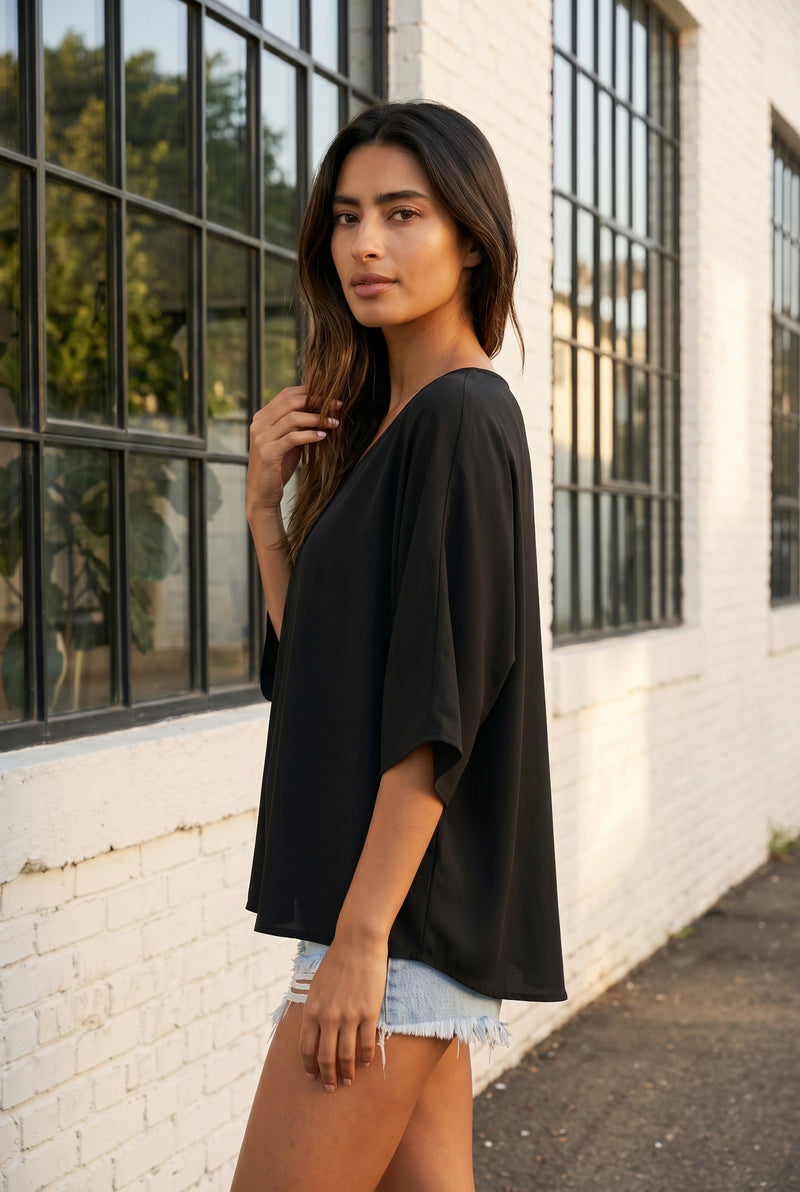 Black V Neck Top with Drop Shoulder Short Sleeves – photo 2