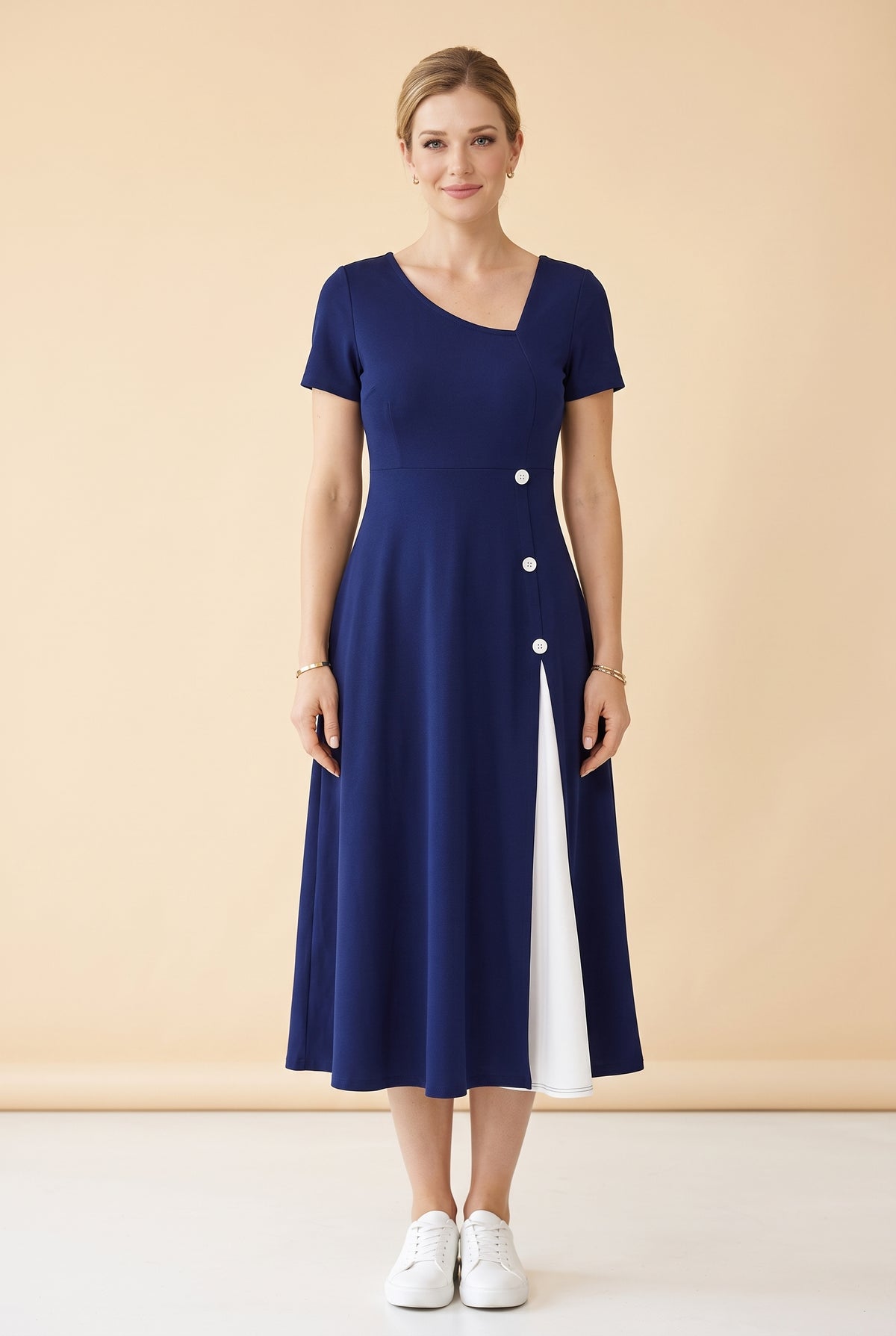 Short Sleeve Asymmetric Neck Midi Dress with Buttons in navy