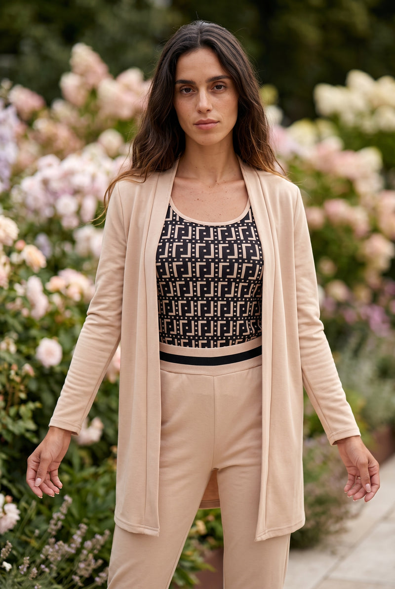 Langarm Zweiteiler in Beige mit Print-Top – Foto 5