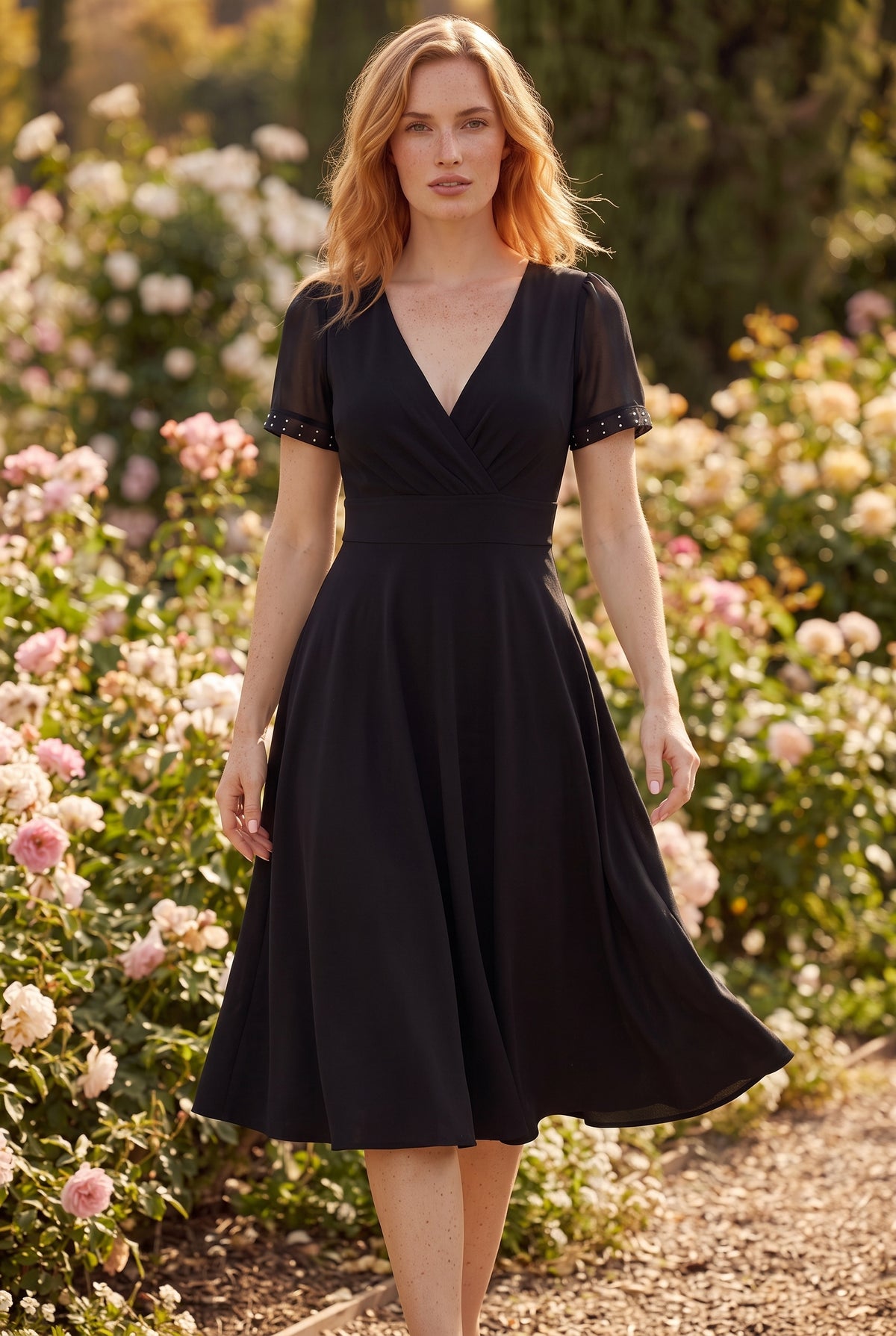 Schwarzes Midikleid mit verzierten kurzen Ärmeln – Foto 3