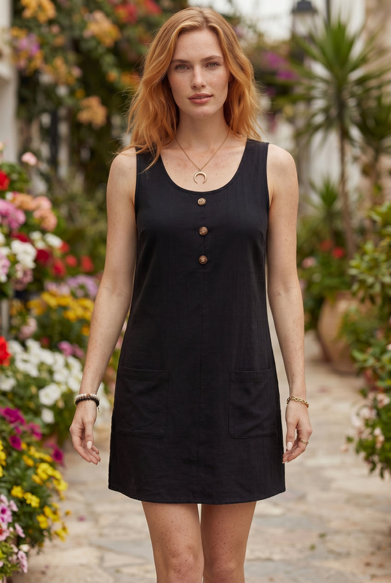 Sleeveless Round Neck Linen Mini Dress with Buttons in black – photo 3