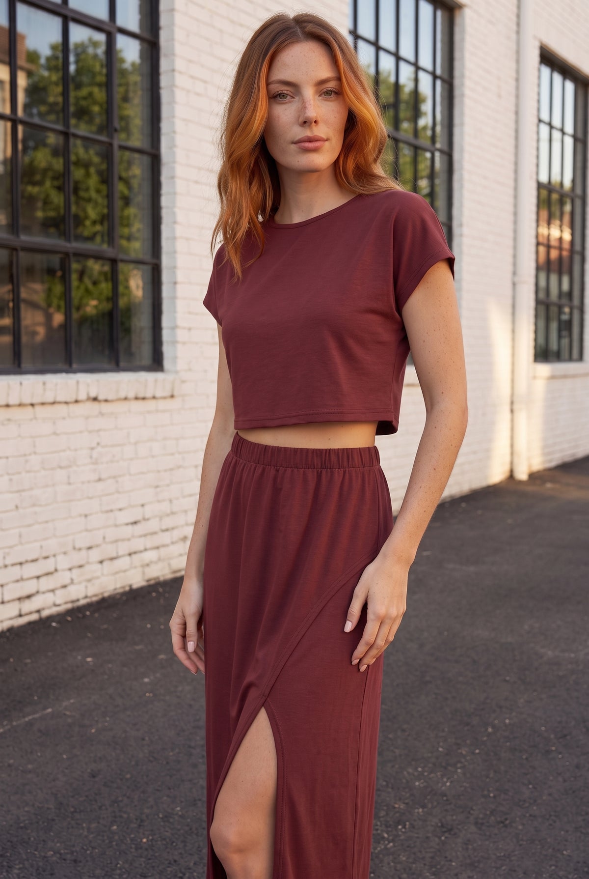 Short Sleeve Viscose Maxi Co-ord Set with Slit in orange – photo 4