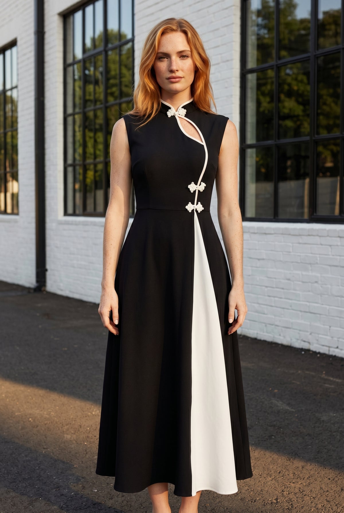 Ärmelloses A Linie Midikleid mit Stehkragen in Schwarz – Foto 5