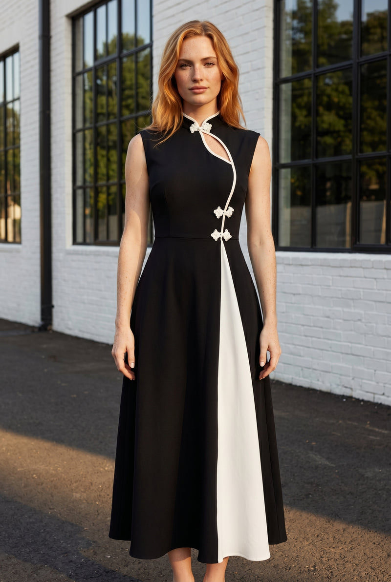 Ärmelloses A Linie Midikleid mit Stehkragen in Schwarz – Foto 5