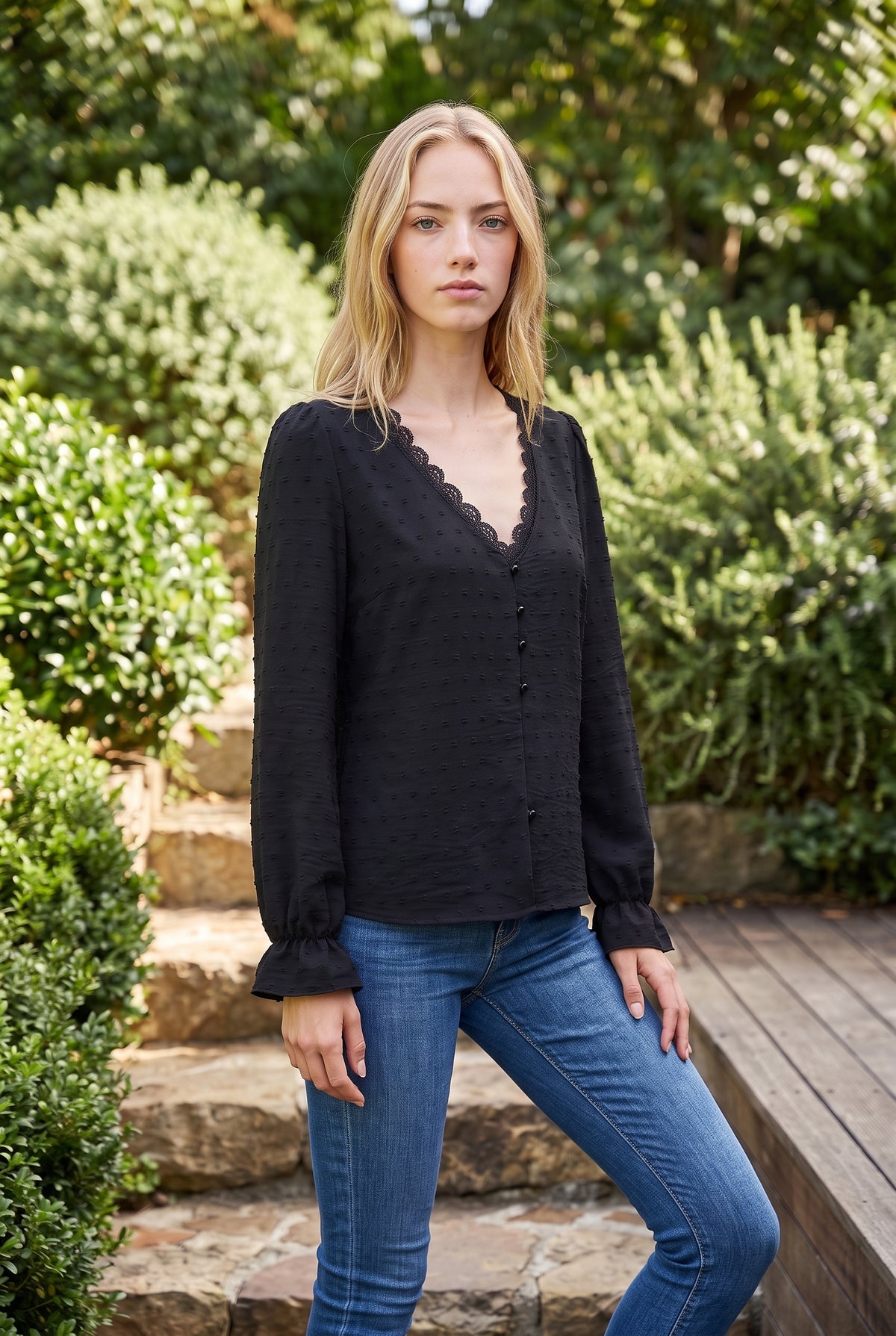 Long Sleeve V Neck Top with Lace Trim in black – photo 4