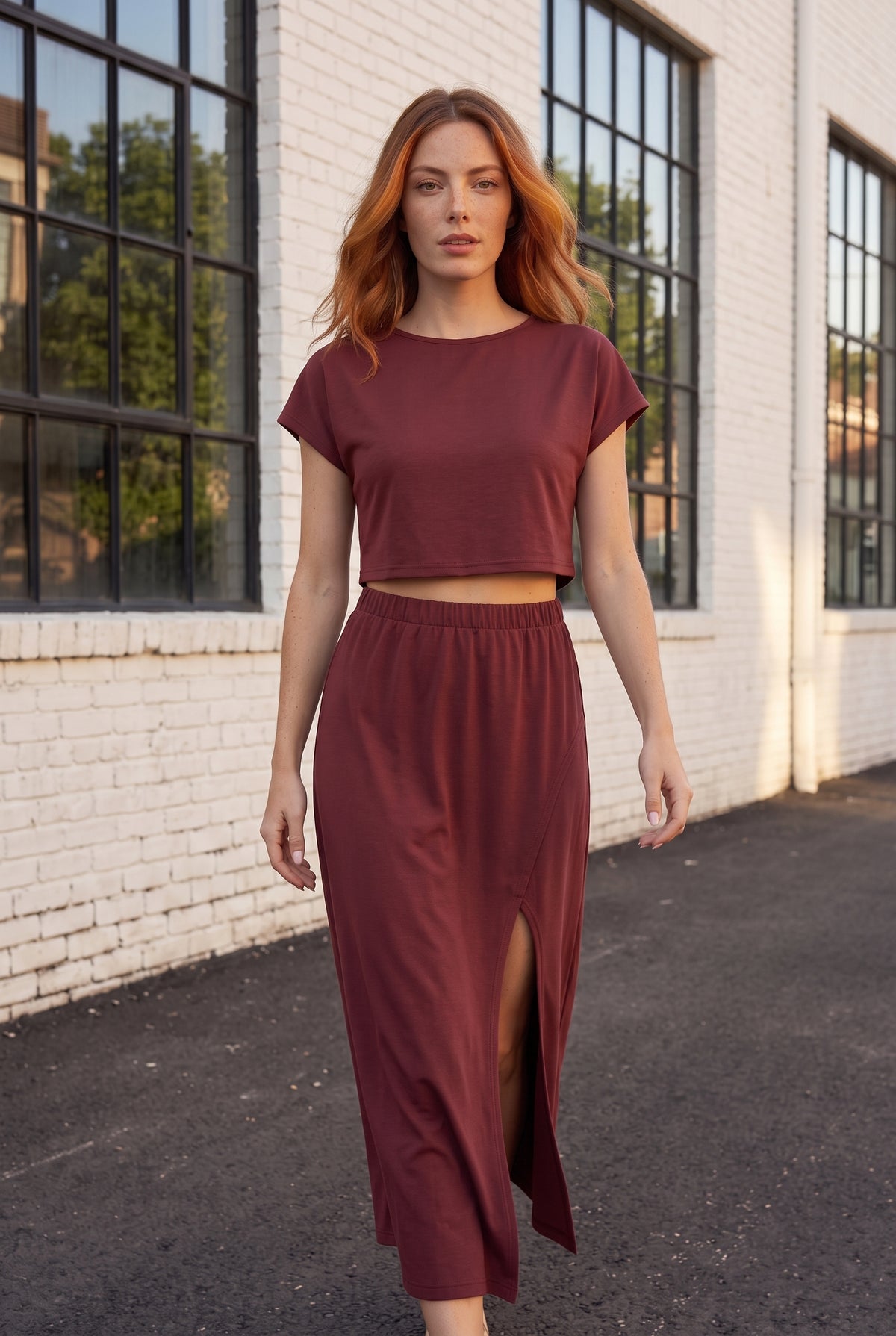 Short Sleeve Viscose Maxi Co-ord Set with Slit in orange – photo 3