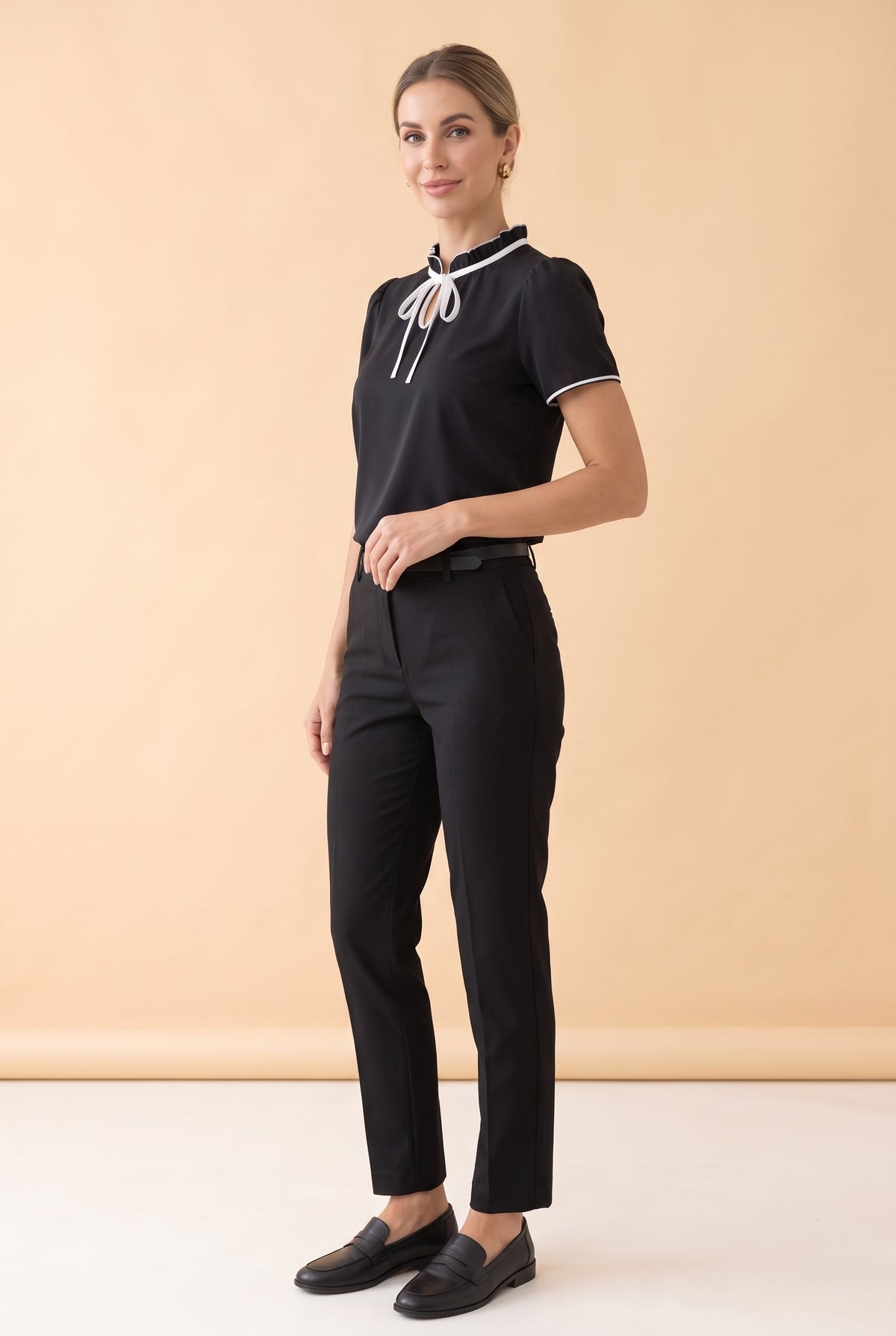 Ruffled Short Sleeve Tie Neck Crepe Blouse in black – photo 3