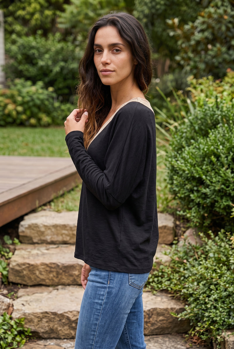 Black Long Sleeve Top with V Neck and Lace Trim – photo 2