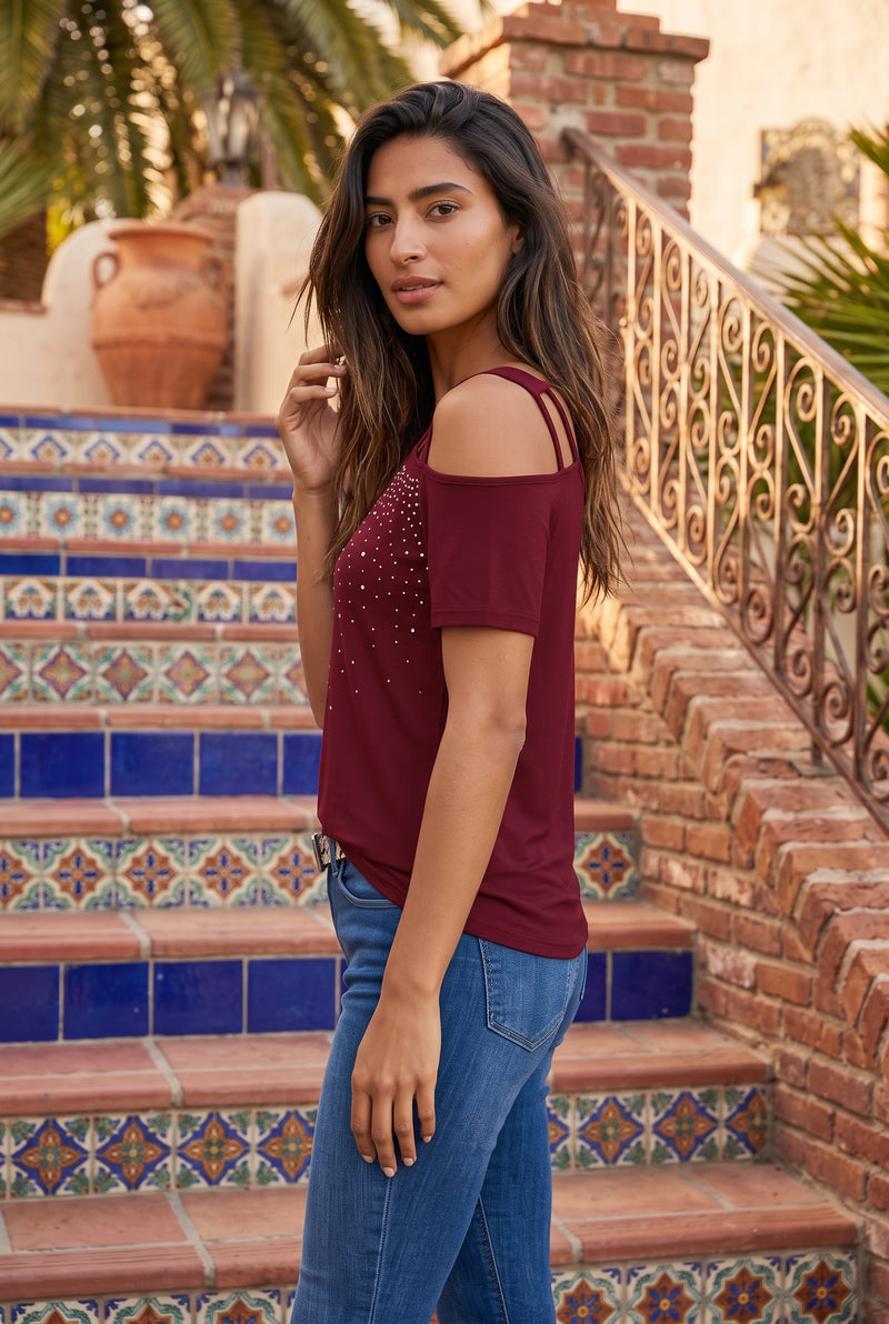 Burgundy Embellished V-Neck Short Sleeve Top – photo 2