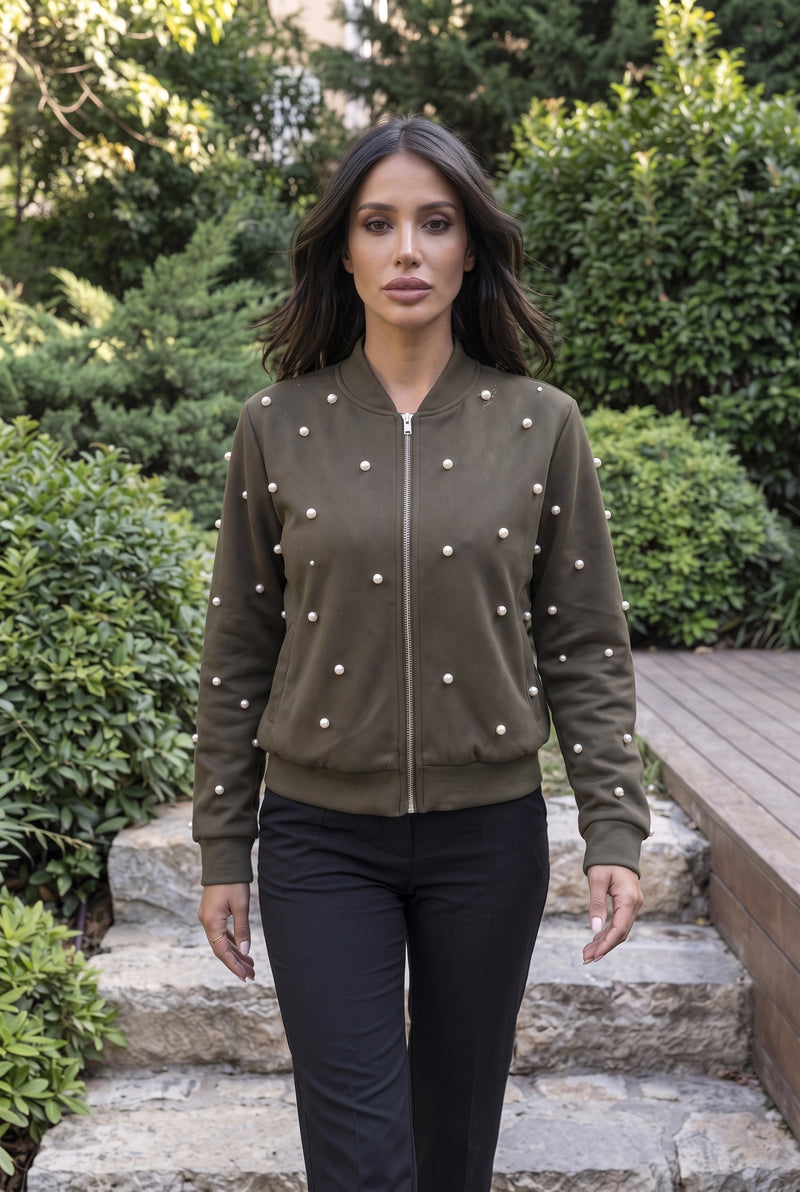 Khaki Long Sleeve Zip Front Pearl Embellished Jacket – photo 3