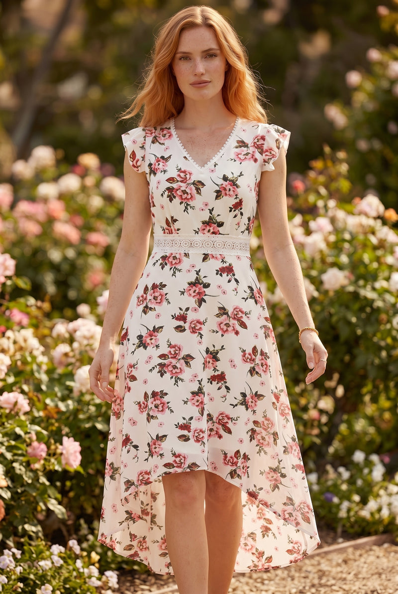 Blumenkleid mit V-Ausschnitt und Vokuhila-Saum in Midi-Länge, Gemustert – Foto 4