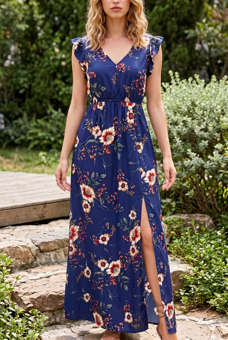 Maxikleid mit Blumenmuster, V-Ausschnitt und Rüschenärmeln in Marine