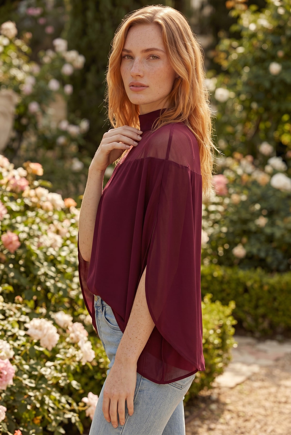 Oversized Long Sleeve Top with Turtleneck in burgundy – photo 2