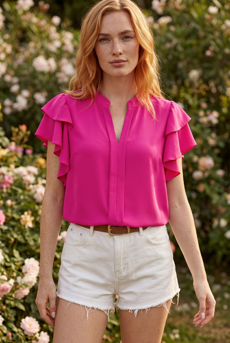 Ruffled Short Sleeve Collared Top in pink – photo 5
