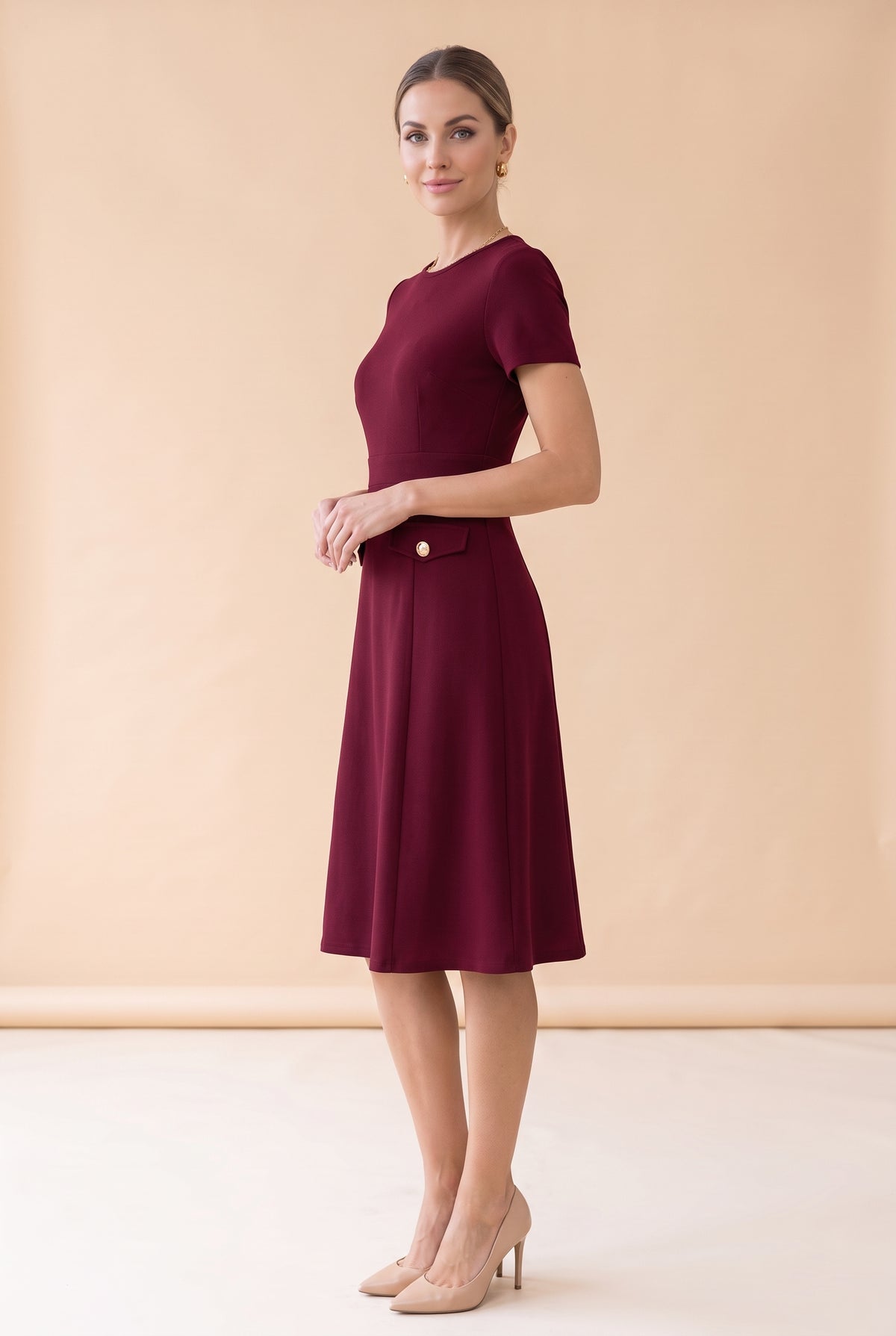 Short Sleeve Crew Neck Crepe Midi Dress with Pockets in burgundy – photo 4