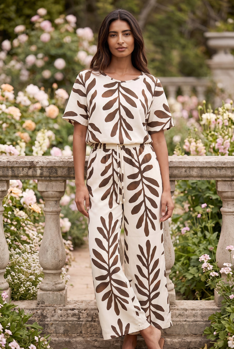Brown Printed Short Sleeve Wide Leg Jumpsuit
