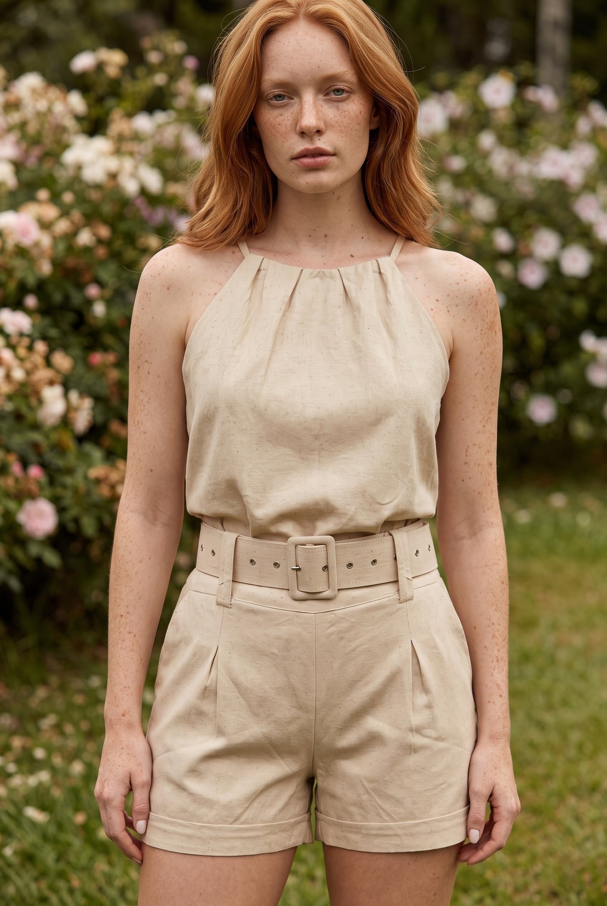 Leinen Set mit Neckholder und Gürtel in Beige – Foto 5