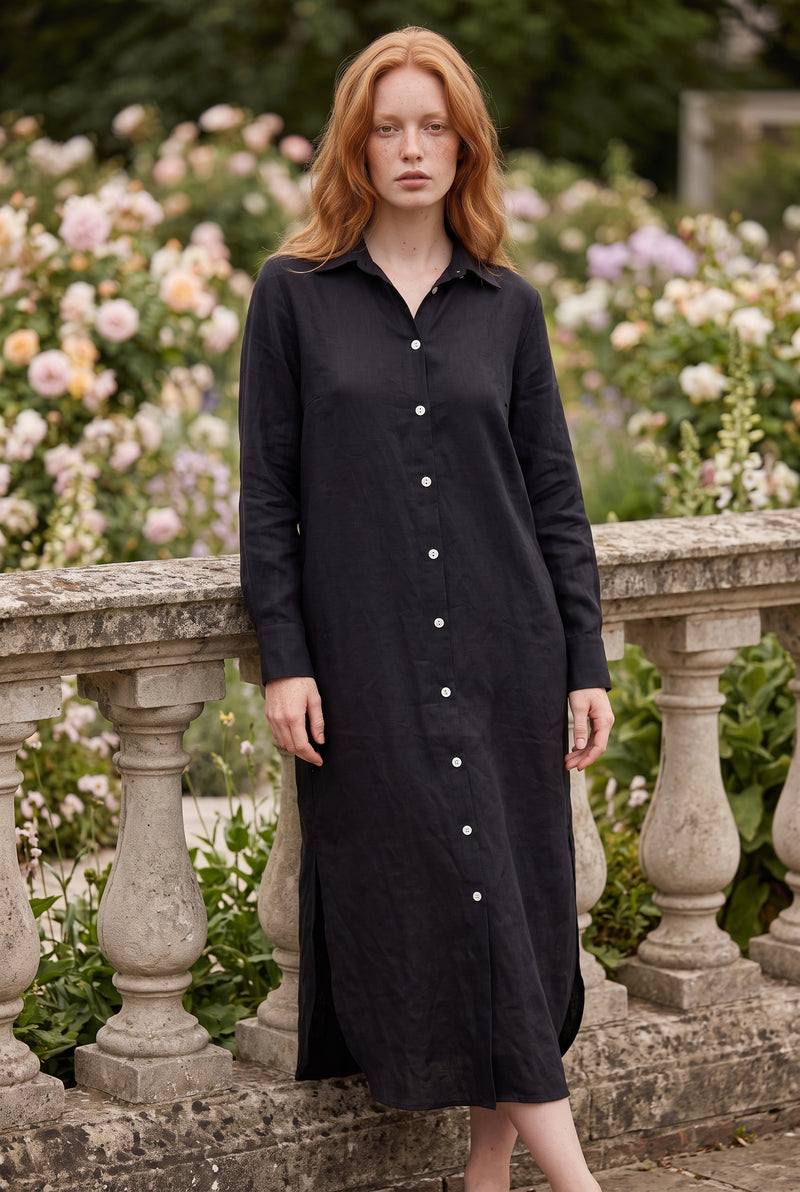 Long Sleeve Buttoned Maxi Shirt Dress with Side Slits in black