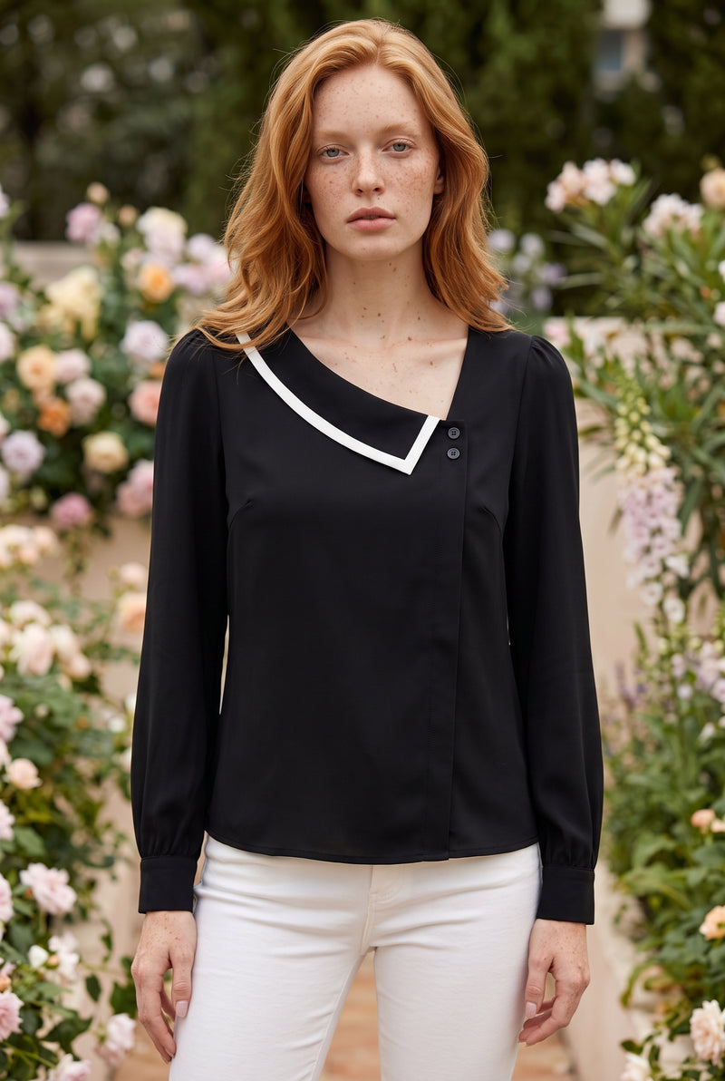 Black Long Sleeve Top with Asymmetric Collar – photo 5