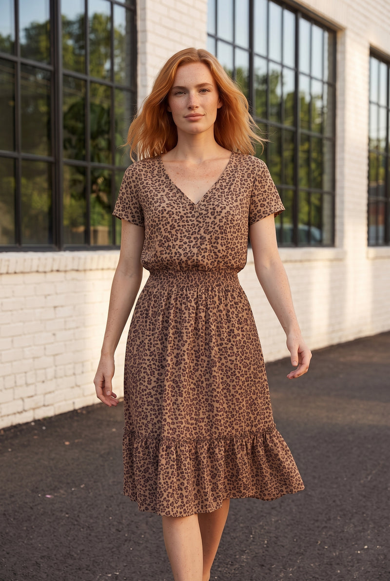 Leopard Print V-Neck Midi Dress with Short Sleeves – photo 3
