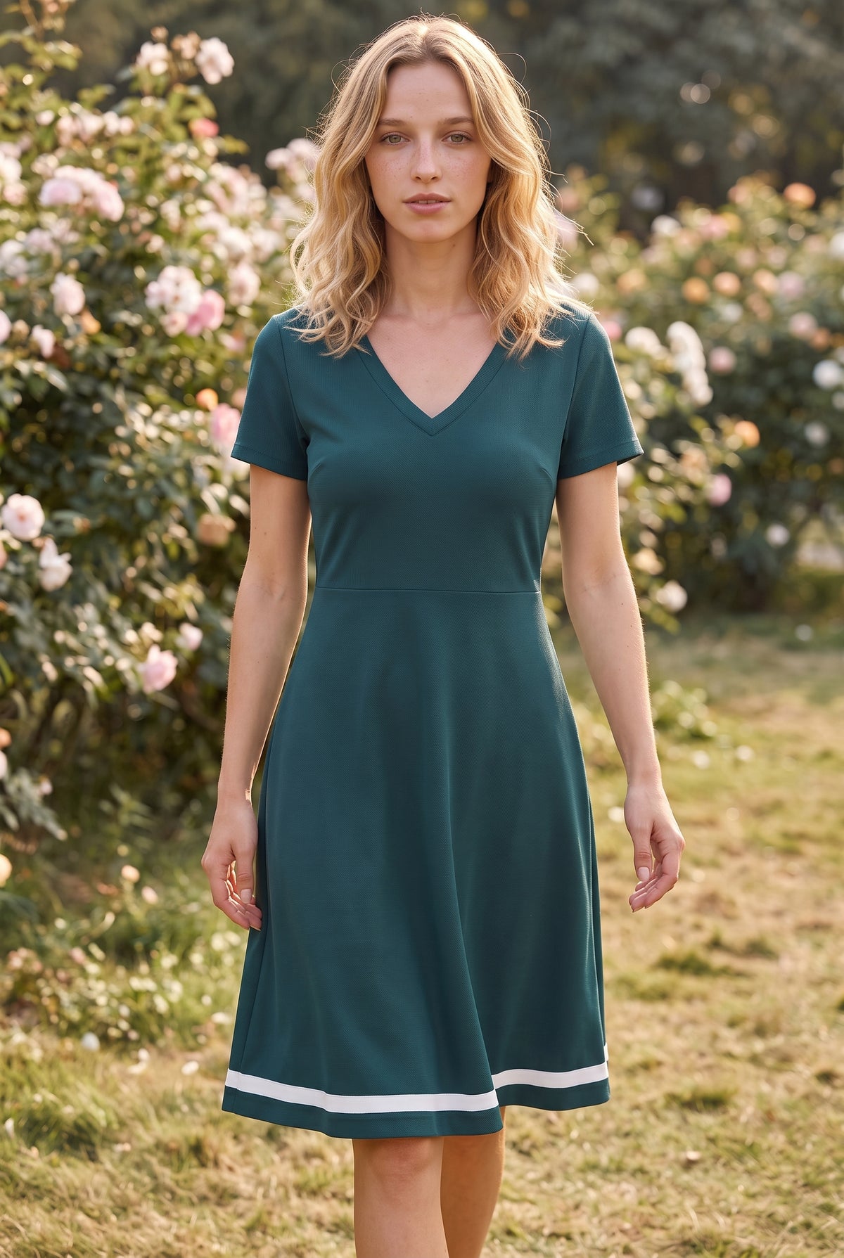 Kurzarm-Midikleid aus Krepp mit V-Ausschnitt in Grün – Foto 3