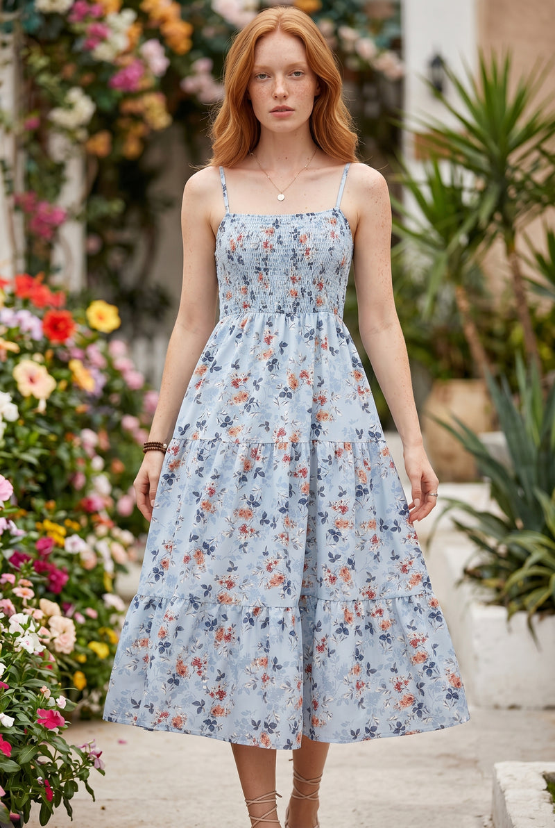 Floral Smocked Bodice Strappy Midi Dress in blue – photo 5