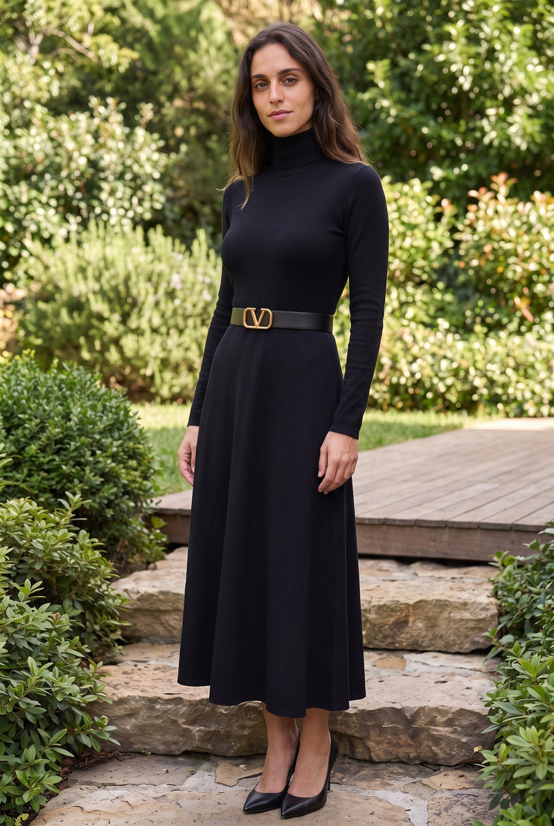 Black Midi Dress with Long Sleeves and Turtleneck – photo 4