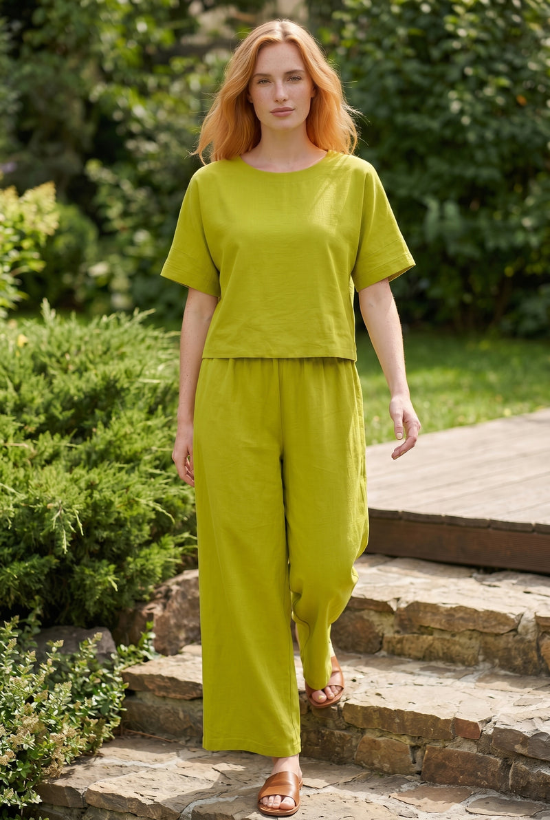 Short Sleeve Linen Co-ord Set with Wide Leg in green – photo 3