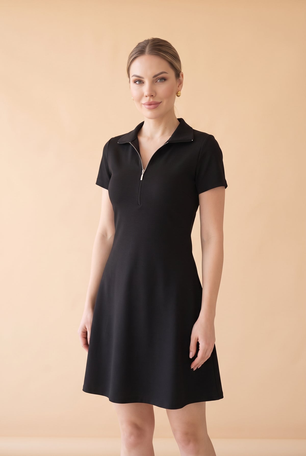 Short Sleeve Zip Front A Line Mini Dress in black – photo 5