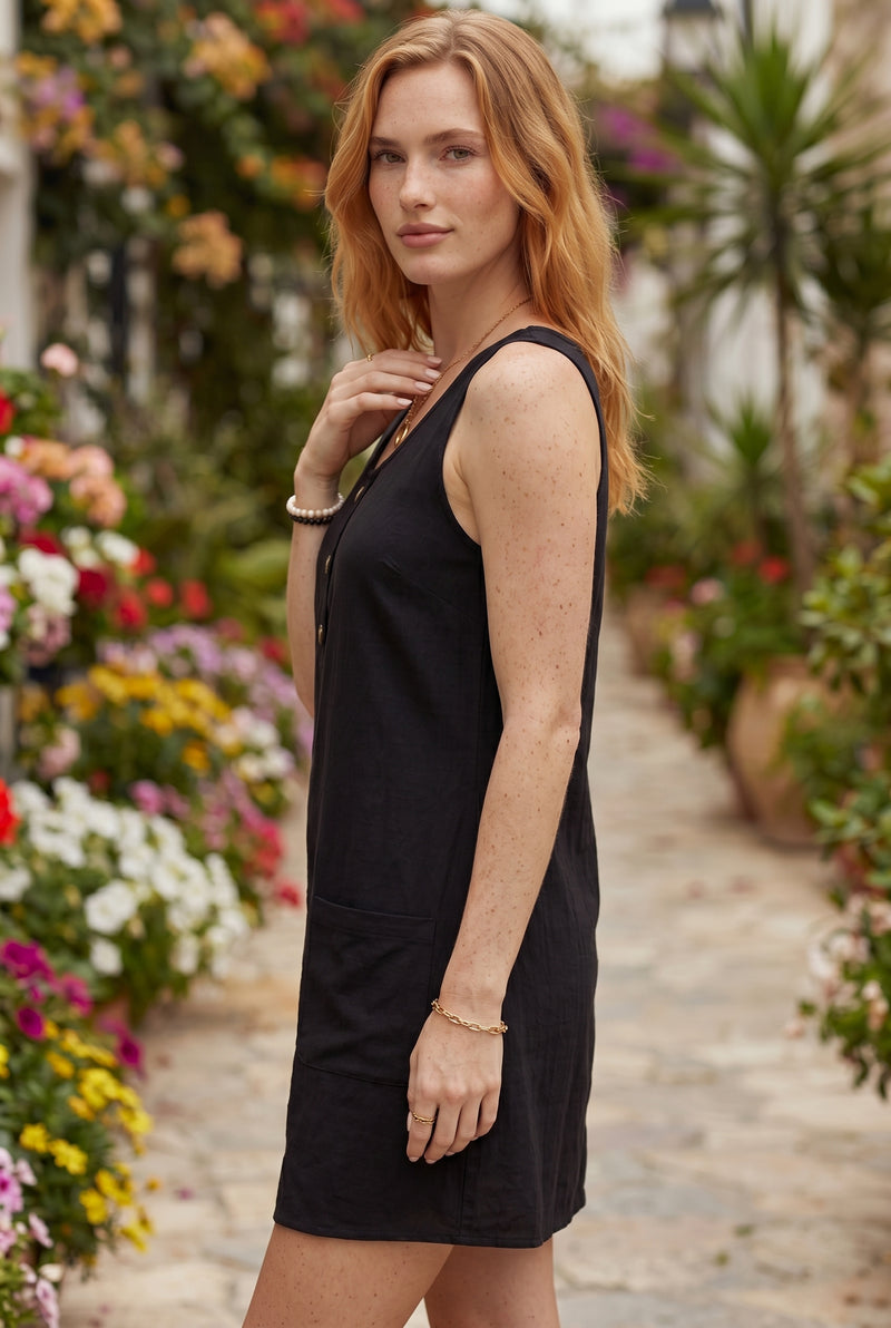 Sleeveless Round Neck Linen Mini Dress with Buttons in black – photo 4