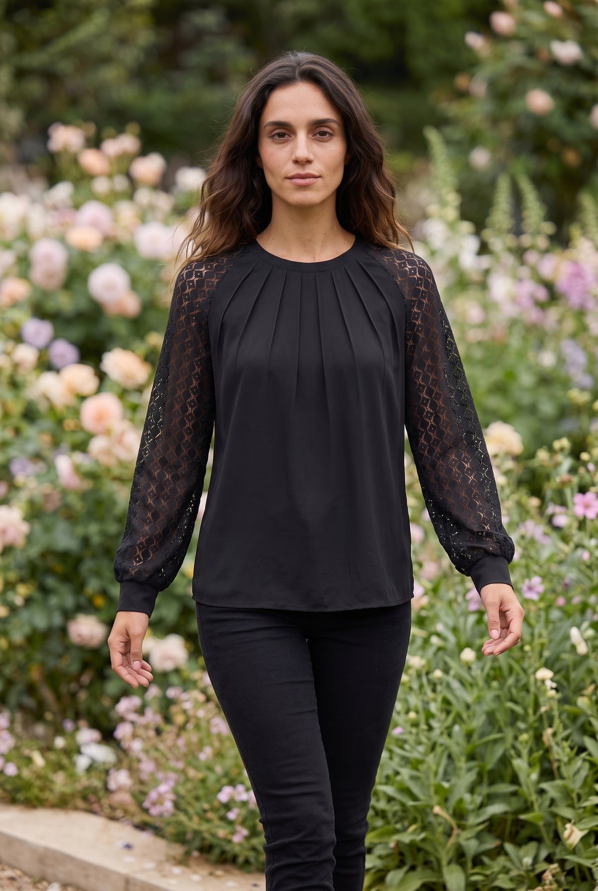 Black Lace Long Sleeve Top with Pleated Front – photo 3